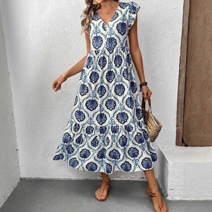 Blue Loose-Fit Deep V-Neck Floral Print Maxi Dress for wholesale on Faire