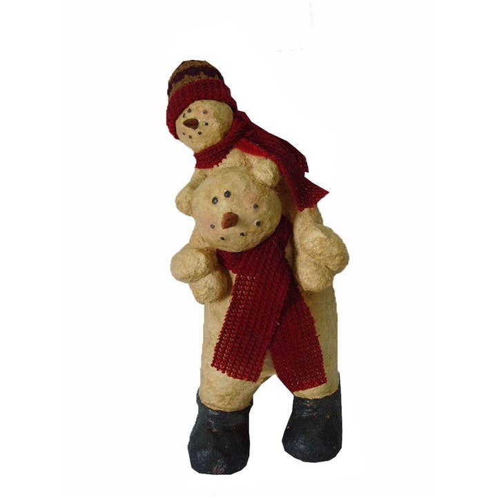 Pupazzo di neve in cartapesta con pupazzo di neve bambino sul retro, in piedi - 28 cm di altezza per la vendita all'ingrosso da parte di Birch Maison