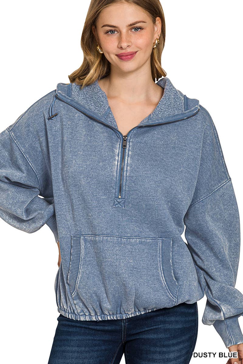 Vanilla Monkey - Wholesale Hoodie - Women's - Washed Drawstring Hem Half Zip Kangaroo Hoodie10
