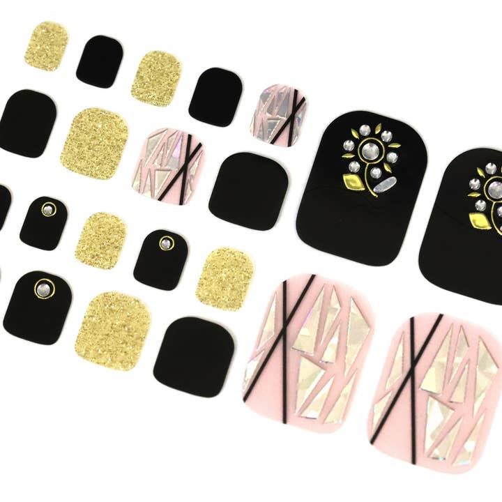 Black & Pink Flower Nail Wraps for Toes / Gold Glitter Nail Polish Strips / 3D Toe Nail Stickers / Pedicure Women Toe Nail Wraps for Toes for wholesale by ClebleNails