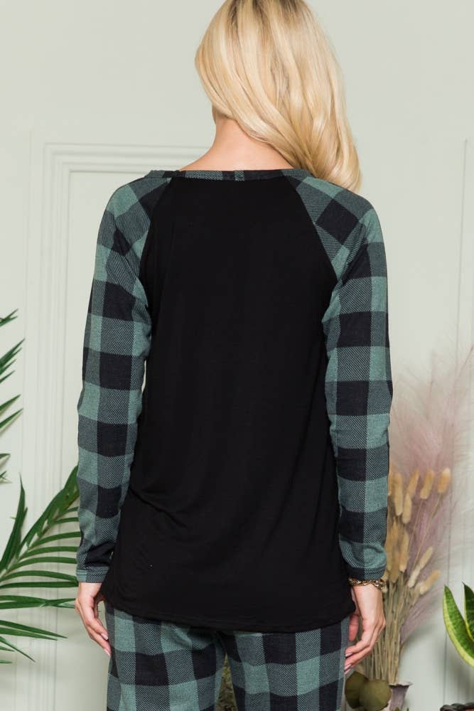 Celeste Clothing - Wholesale Knit Top - Women's - CT43591-SOLID TOP WITH PLAID CONTRAST SLEEVE2
