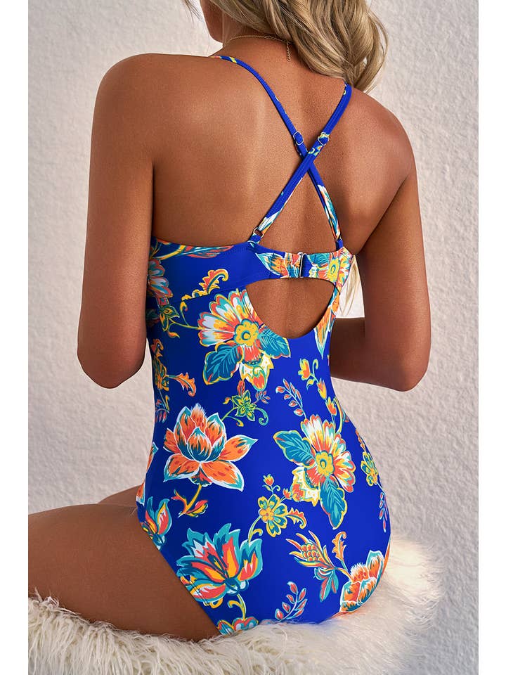 Blue Floral Cutout One Piece Swimsuit for wholesale on Faire