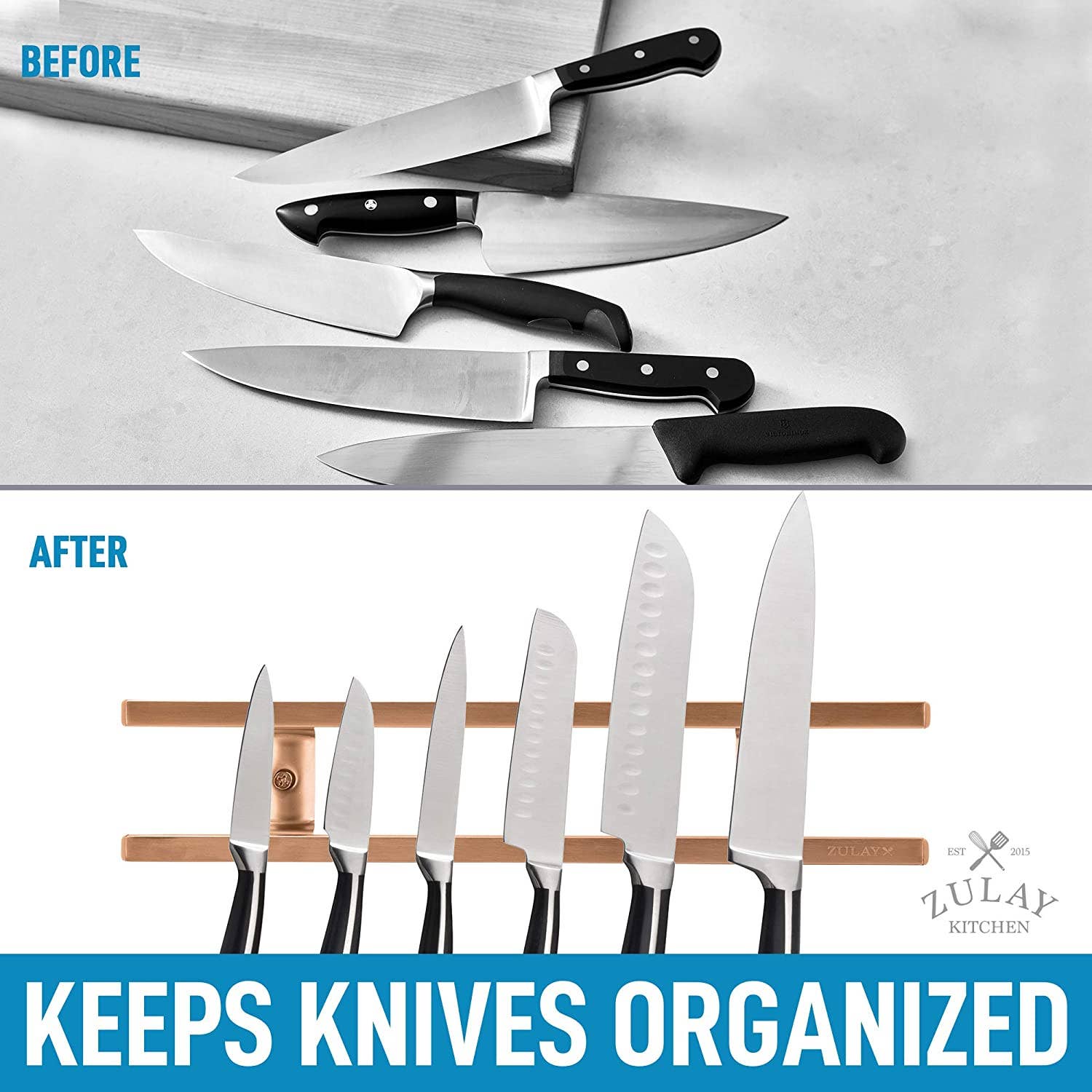 Zulay Kitchen – wholesale Knife storage – Stainless Steel Knife Magnetic Strip With Hanging Hooks6