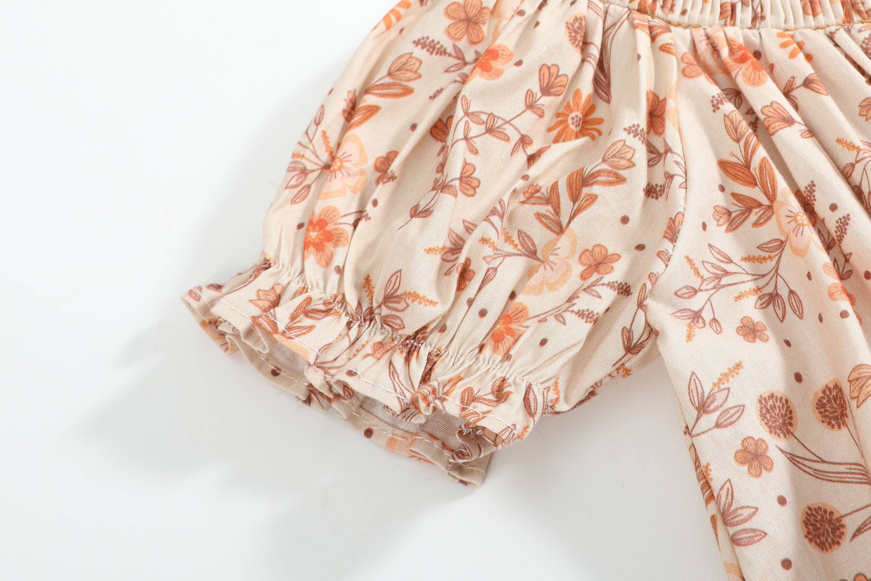 Lil Cactus - Wholesale Dress - Kids - Brown Floral Smocked Bishop Dress5