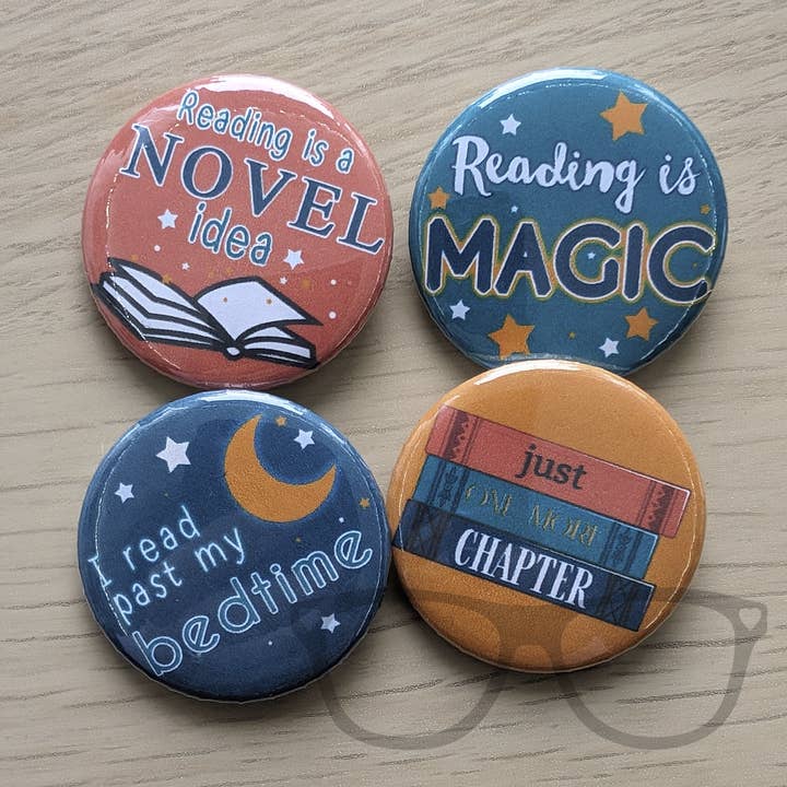Reading 4 x 38mm badge set for wholesale by Mini Geek Boutique