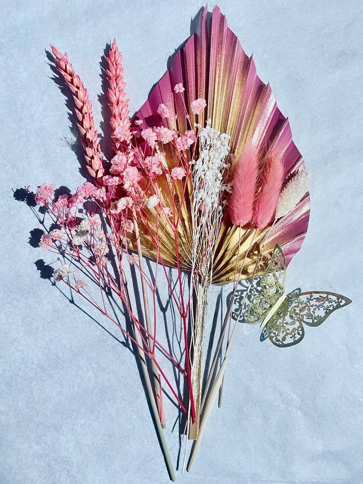 Cake Topper Feuille de Palmier Or Rose, Fleur Sèche, Cake Topper Fleurs Séchées, Cake Topper Pampa, Bouquet de Palmier, Papillon Doré pour la vente par DemiVi Style