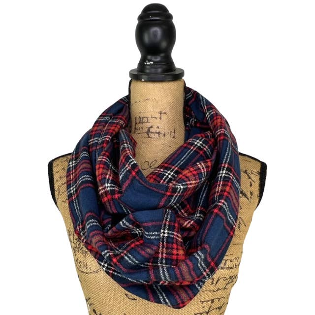 Tartan in Navy, Red, White, and Yellow Infinity Scarves for wholesale by Thistle & Stitch