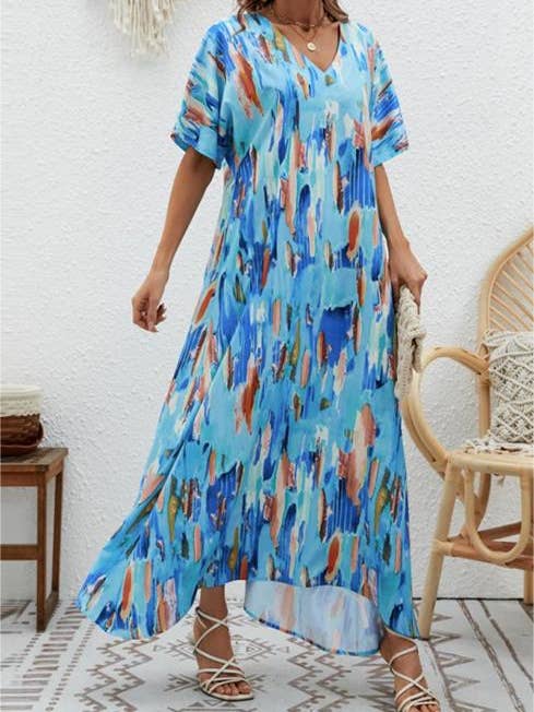Elegant V-neck print loose swing dress for wholesale by HIDDENBRAND