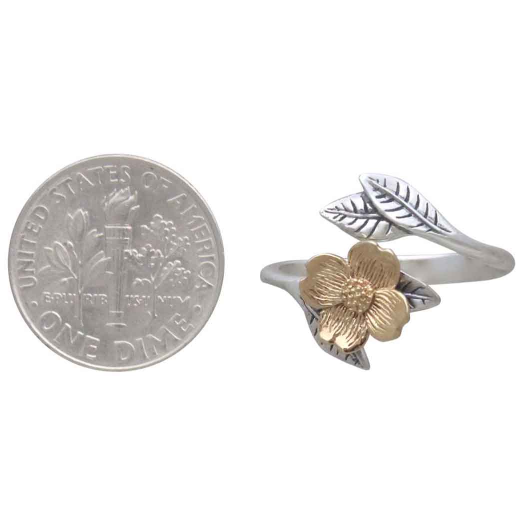 Nina Designs - Wholesale Cocktail/Statement Ring - Mixed Metal Adjustable Dogwood Flower and Leaves Ring2
