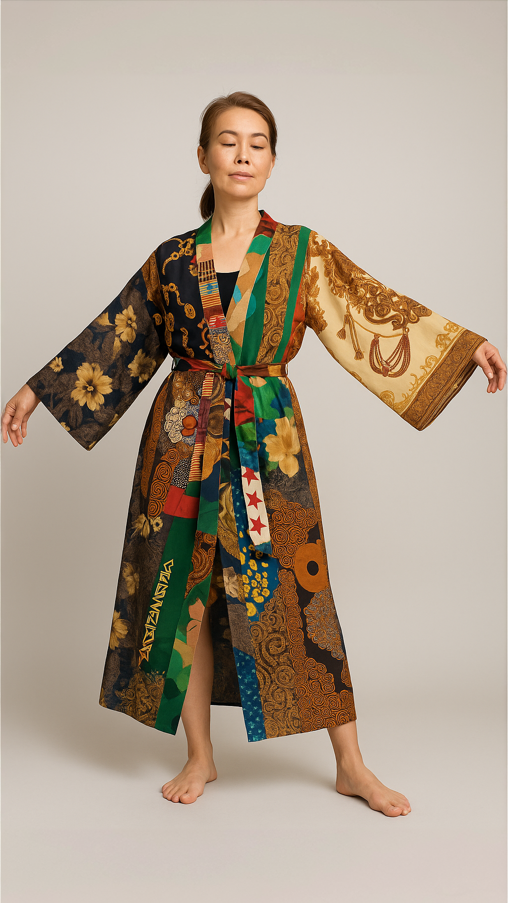 Beige & Co Thai Crafts - Wholesale Kimono - Dames - Kimono van patchwork hergebruikte zijden sjaals – uniek exemplaar7