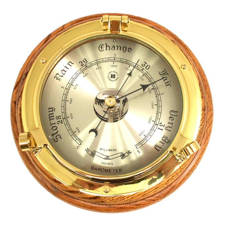 BeyBerk International - Wholesale Wall Accent - Brass Porthole Barometer in Oak