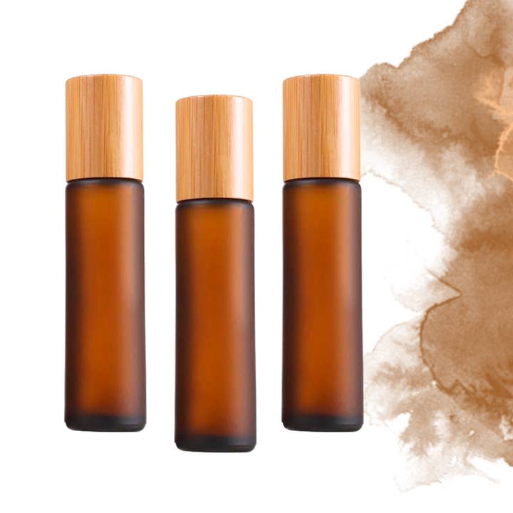 Essential Wellness - Body, Mind, Spirit - Wholesale Essential Oil Roll-On - FROSTED AMBER Glass Roller Bottle 10/5ml with Bamboo Cap