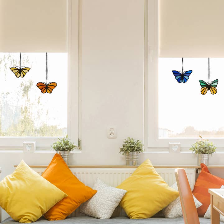 River of Goods - Wholesale Suncatcher - 3.2"H Butterfly Kaleidoscope Stained Glass Window Panel Set6