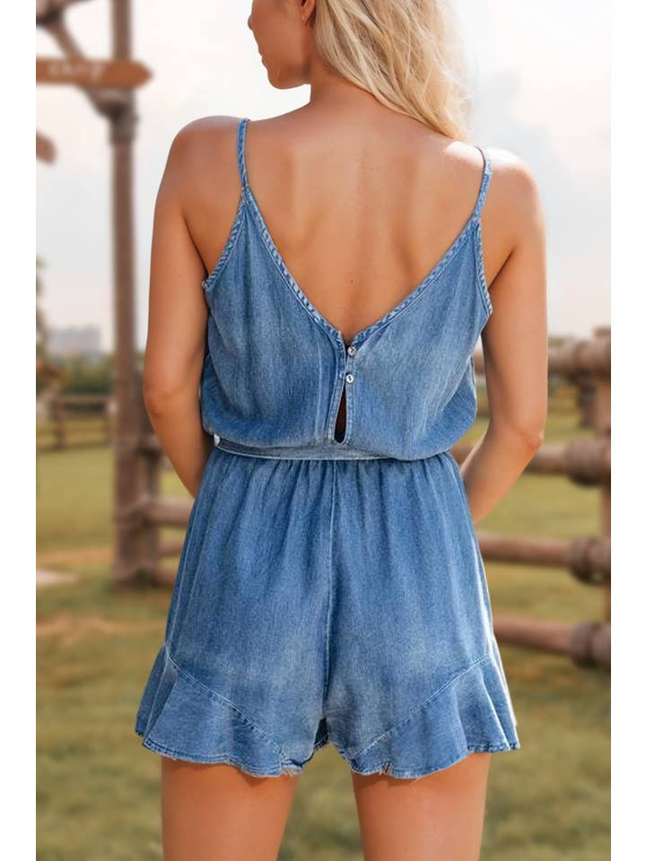 As shown Fashion-W Spaghetti Straps Belted Ruffle Leg Chambray Romper for wholesale on Faire