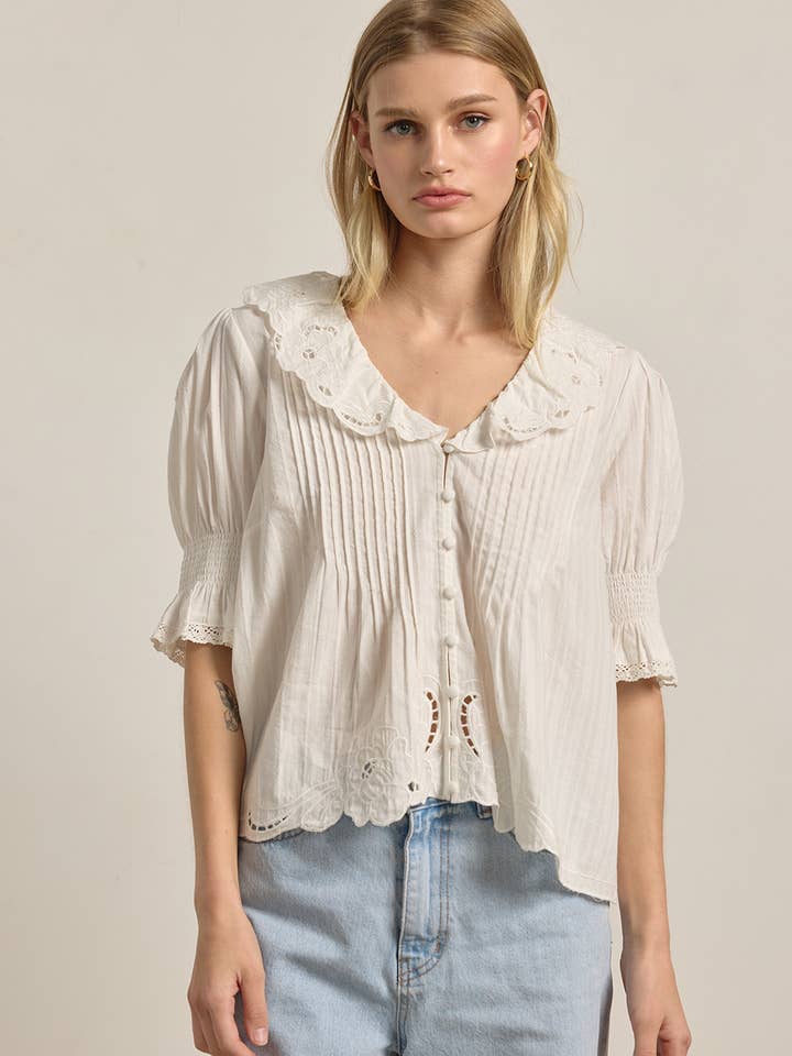 Embroidered Collar Button Blouse - RT1196 for wholesale by RAISONNEL