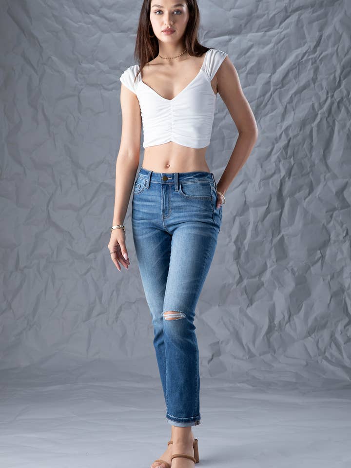 Women's Medium Mid Rise Ankle Distress Slim Straight Denim for wholesale by Ceros Jeans