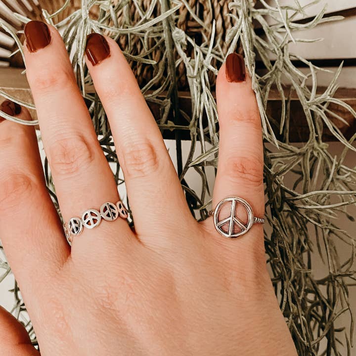 Boho Hippie Sterling Silver Band Ring with Multiple Peace for wholesale by Red Shed Designs