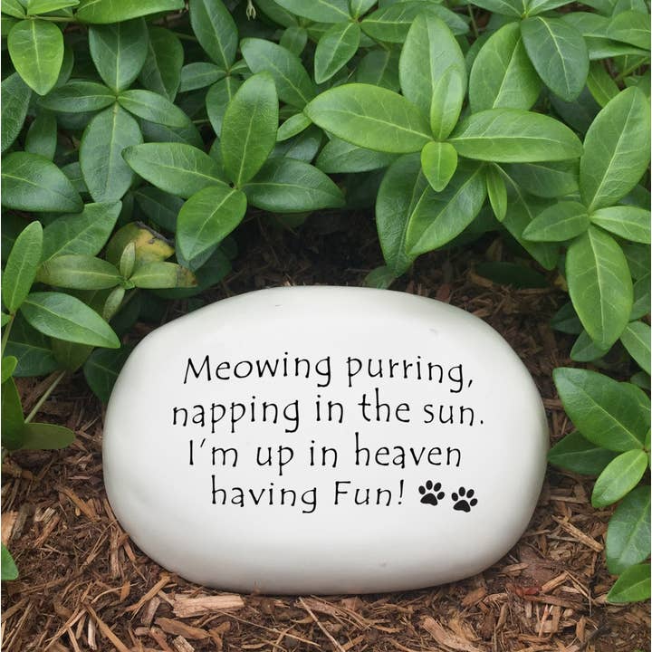 August Ceramics - Wholesale Pet Urn/Keepsake Box - Pet memorial rock: "Meowing, purring, napping in the sun...1