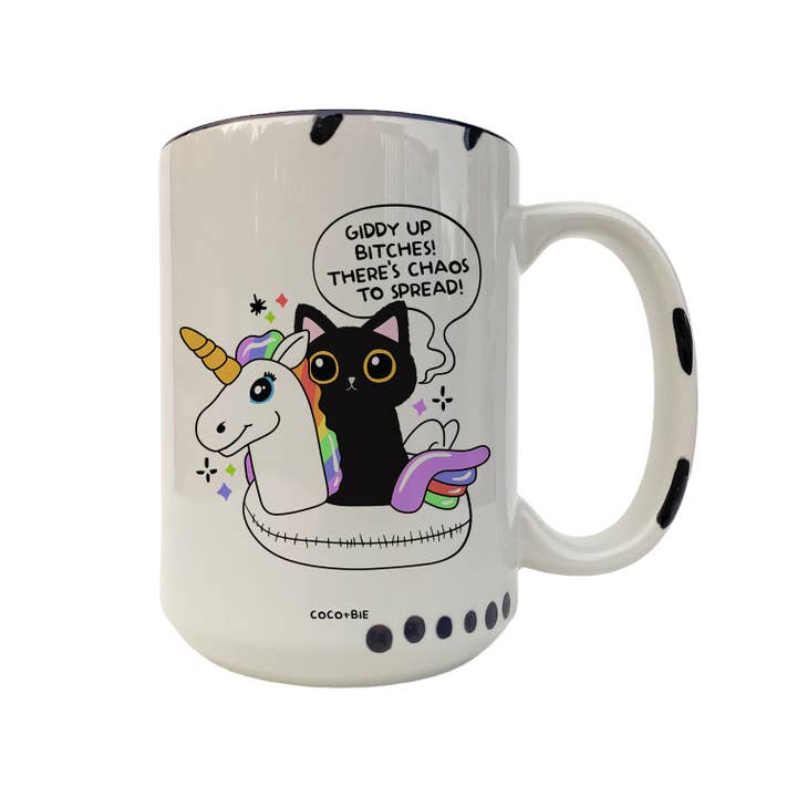 coco+bie designs - Vendita all'ingrosso Tazza - Giddy Up Bitches - Divertente tazza, gatto nero, unicorno, sarcastico