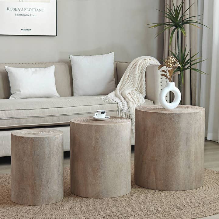 39F Inc. - Wholesale Coffee Table - Set of 3 Whitewashed Wood Coffee & End Tables, Plant Stands