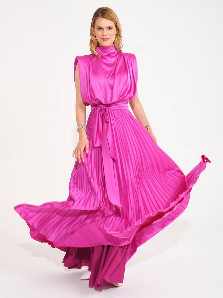 Collar Draped Ruffled Long Satin Evening Dress, Prom Dress, (Copy) for wholesale by fashionbyoz