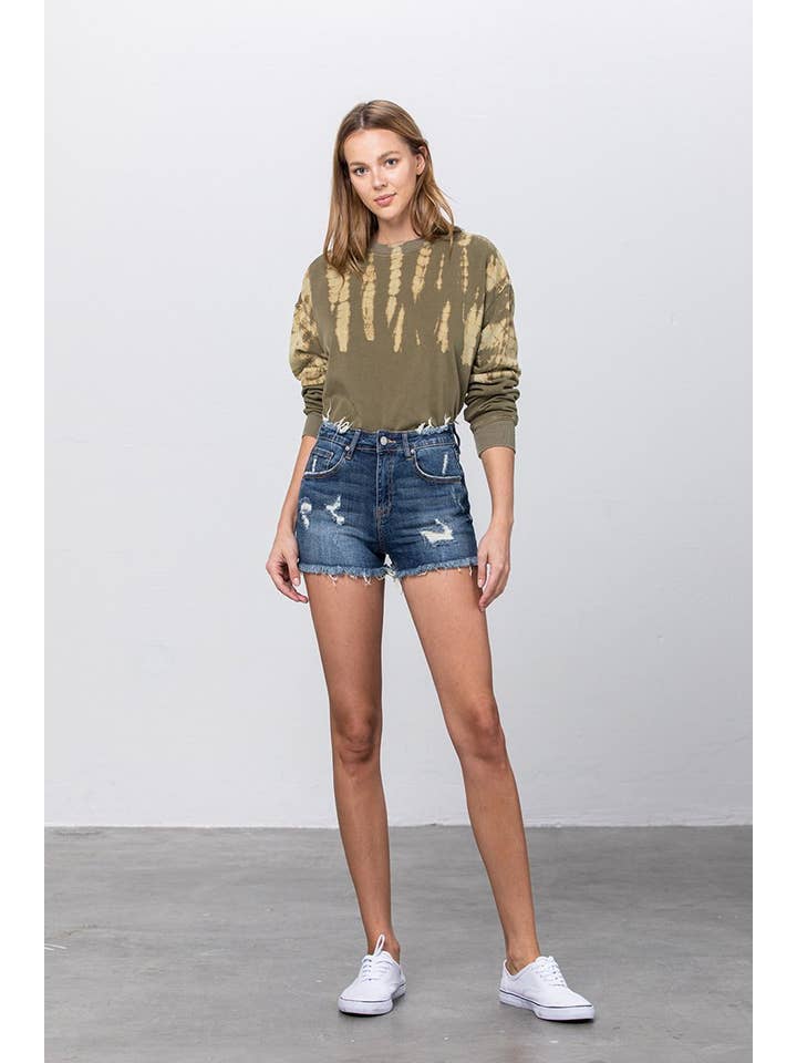 DARK Mid Rise Stretch Distressed Frayed Hem Denim Shorts for wholesale on Faire