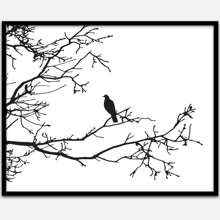 Bird on Tree Branch Wall Art Print Poster - Black and White for wholesale by Villa Posh