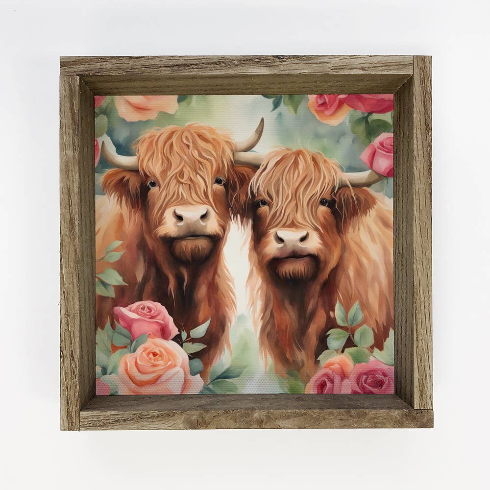 Hangout Home – wholesale Konsttryck – Highland Cow Pair Roses - Spring Time Highland Cow Canvas