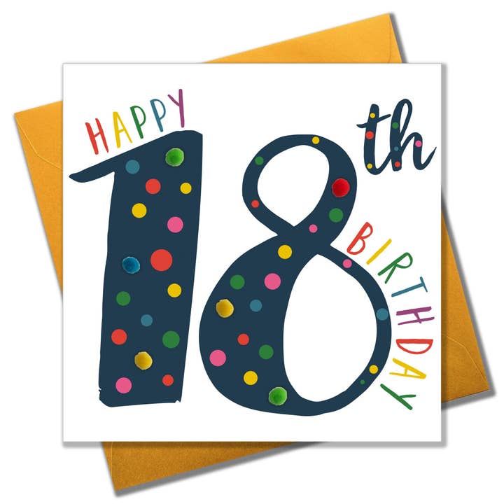 Birthday Card, Age 18 - Blue, Happy 18th Birthday, Embellished with pompoms for wholesale by Claire Giles Ltd