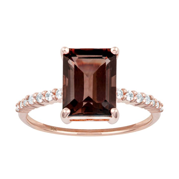 10k Rose Gold Emerald-Cut Smoky Quartz and White Topaz Ring for wholesale by Luxurie Inc
