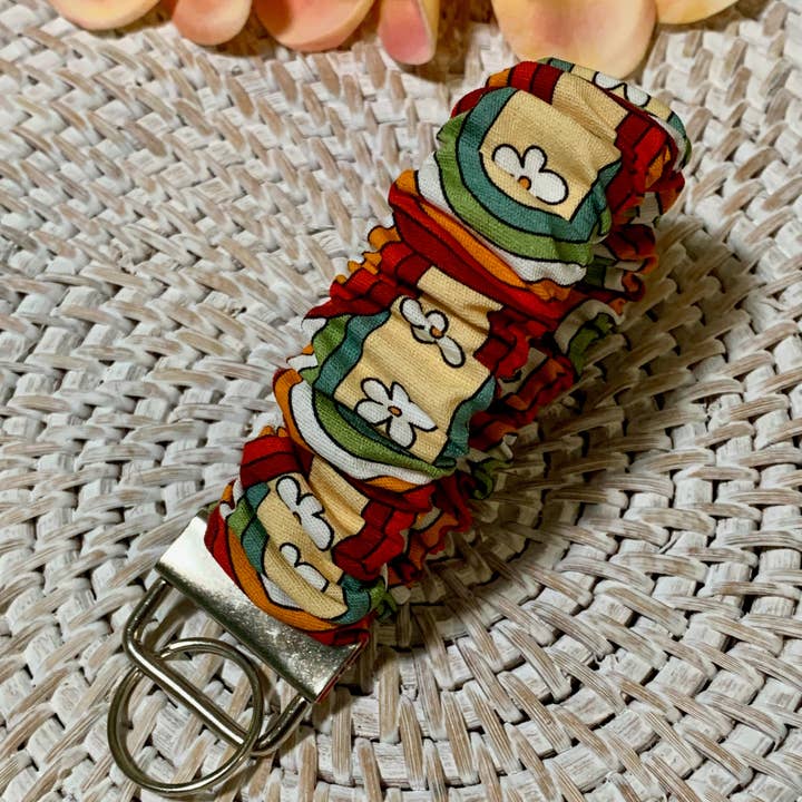 Handmade Scrunchie Key Fob, Keychain - Boho Retro - Retro Rainbows & Flowers for wholesale by Ann Gregory Designs