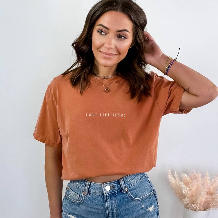 Scripted Pearl - Wholesale T-Shirt - Women's - Love Like Jesus Embroidered Comfort Colors Christian T Shirt14