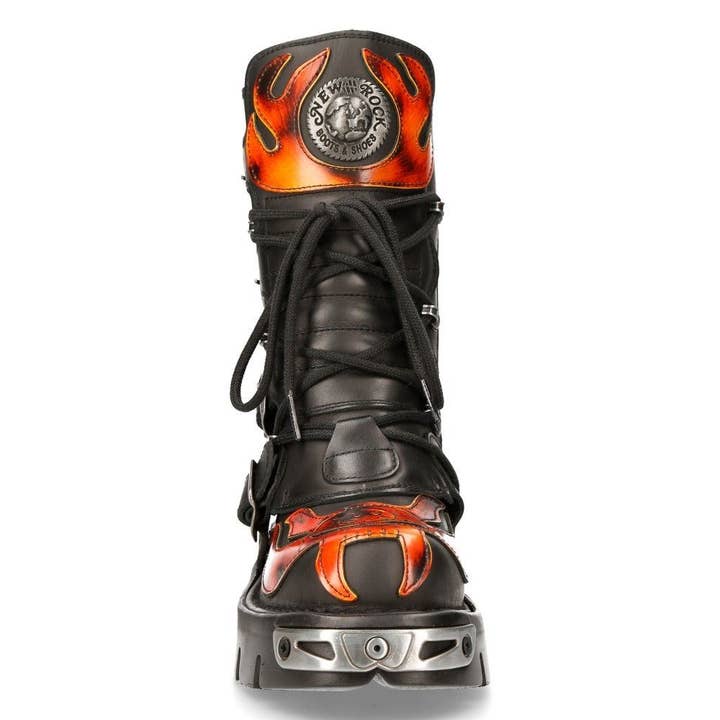 Svart Nya Rock Flame-detaljerade Svart/Röda Läder Biker Skalle Stövlar- 107-S1 för wholesale på Faire