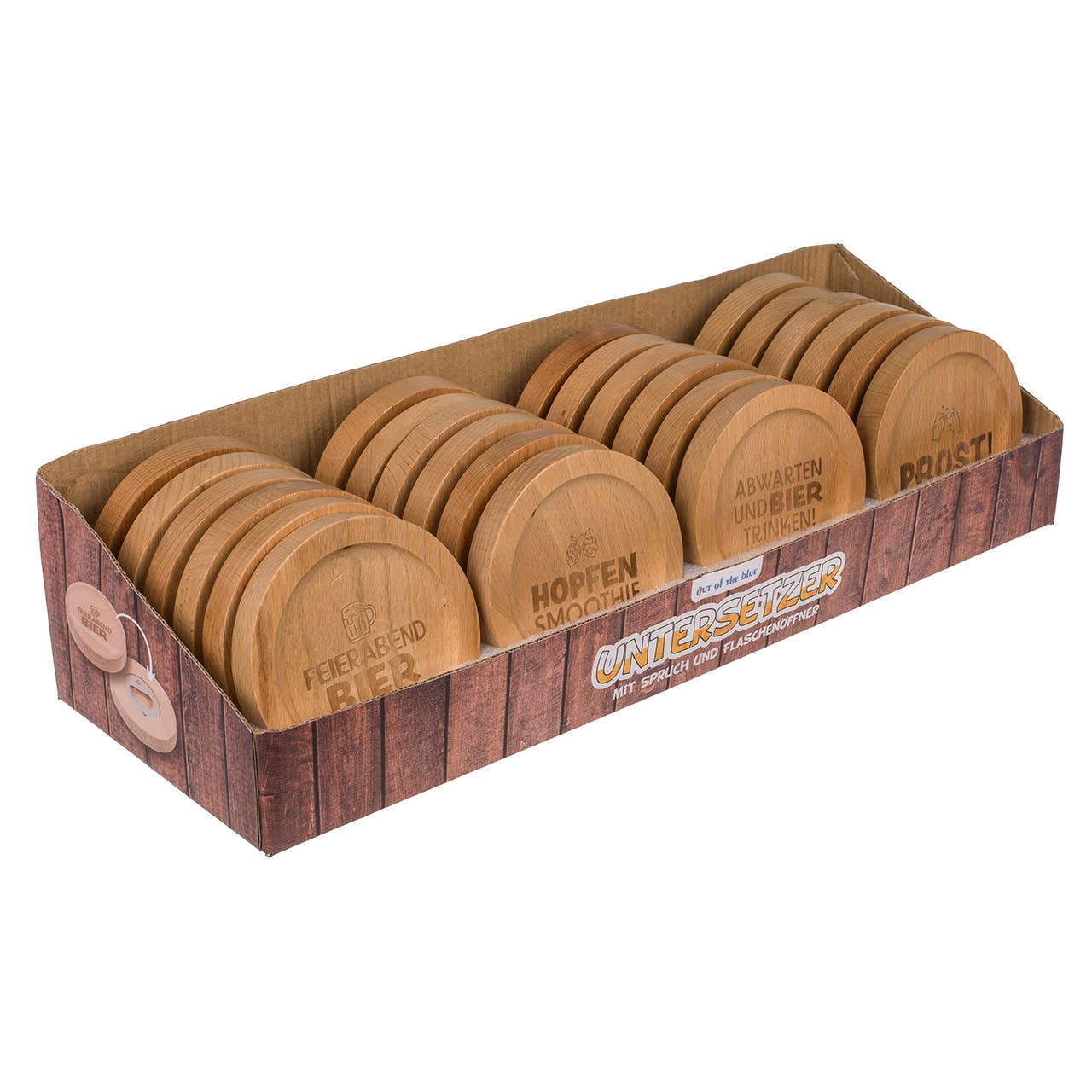 Wurm - Vente Sous-verre - Dessous de verre avec inscription et décapsuleur en bois, 4 fois, naturel (L/H/P) 8x1x8cm 24 pièces en présentoir4