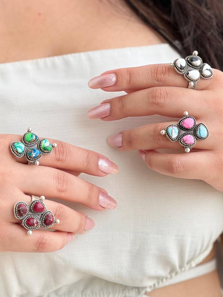 Handmade Sterling Silver Peacock Dahlia, Cotton Candy, Dahlia Rose, White Buffalo Turquoise Adjustable Ring, Signed Nizhoni for wholesale by Nizhonitradersllc