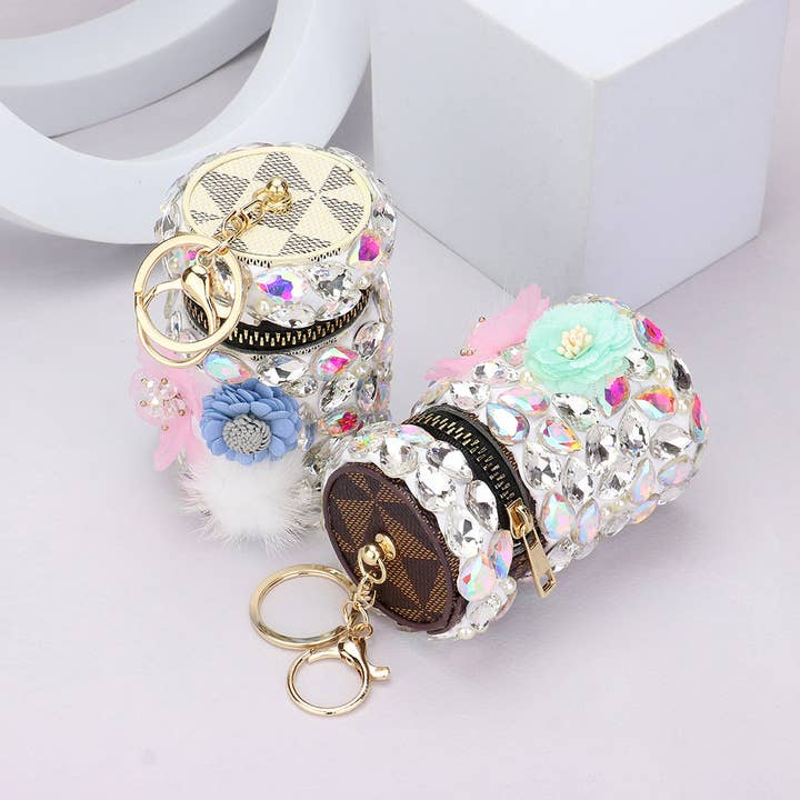 Sensibling Corp. - Wholesale Makeup/Cosmetic Bag - Flower Pom Pom Teardrop Glass Stone Embellished Case