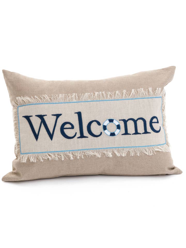 CUSHION WELCOME NAT/BLUE 14X20 for wholesale by Accents de ville USA