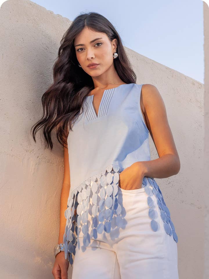 Dotted Lace Fringe Linen Top for wholesale by Strut & Bolt