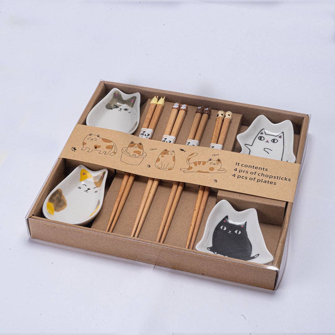 Urban Tokyo - Wholesale Chopsticks - 4 Pair Cute Cats Wooden Chopsticks and Sauce Dish Gift Set (1/20)3