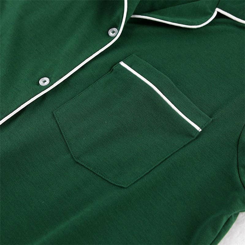 GREEN Color Block Long Sleeve Lapel Button-Up Blouse and Pants Set - Cozy Homewear Pajamas for wholesale on Faire5