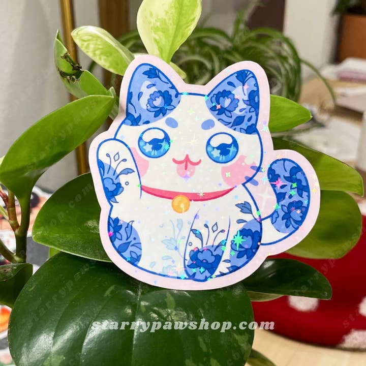 Starry Paw Shop - Wholesale Sticker - Lucky Cat Porcelain Sticker 3" Sparkly Holo water resistant