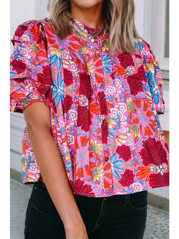 Pink LDC Floral Print Bubble Sleeve Button Up Pleated Shirt for wholesale on Faire