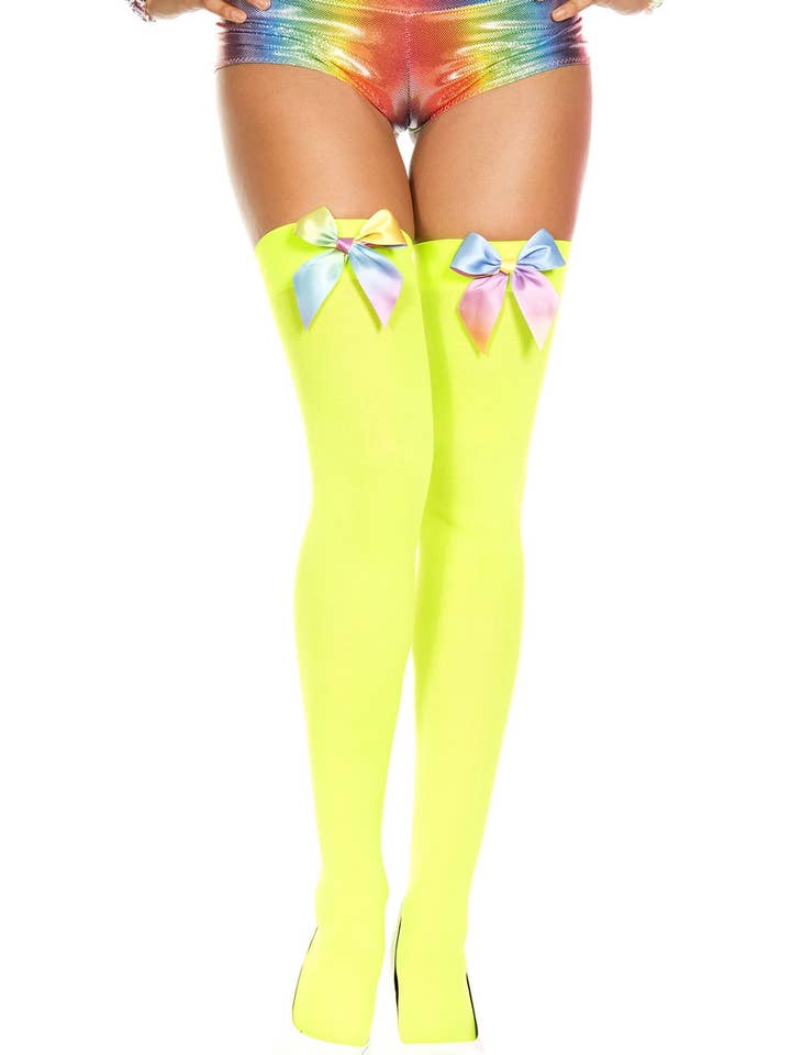 Music Legs Rainbow Satin Bow Opaque Thigh Hi ML4645 for wholesale by Lingerie Mart