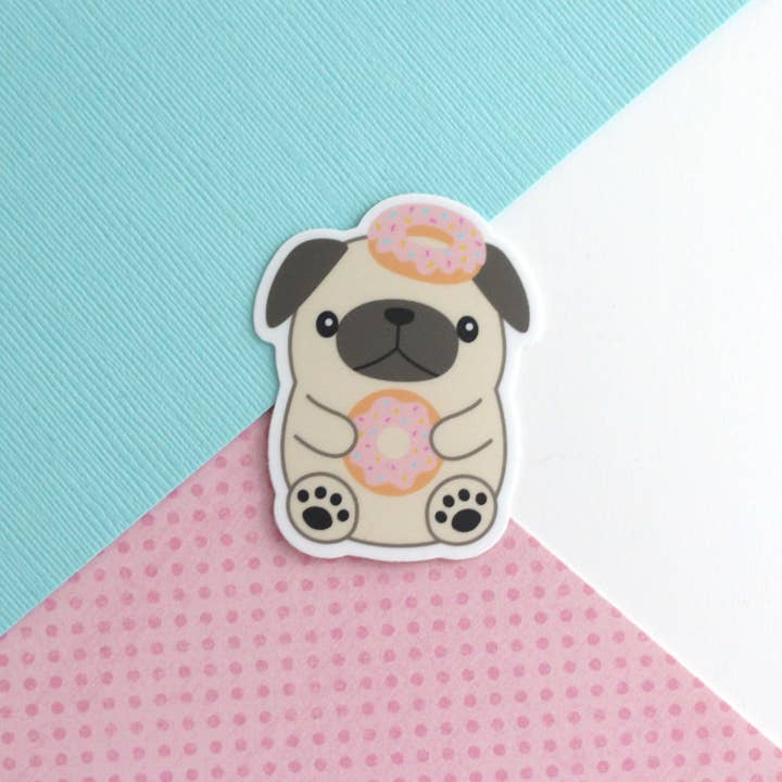 Donut Loving Pug Vinyl Sticker - Cute Dog Decal for wholesale by Wild Whimsy Woolies