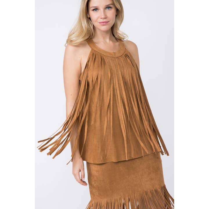 HAUT À FRANGES EN DAIM SANS MANCHES pour la vente par VOCAL