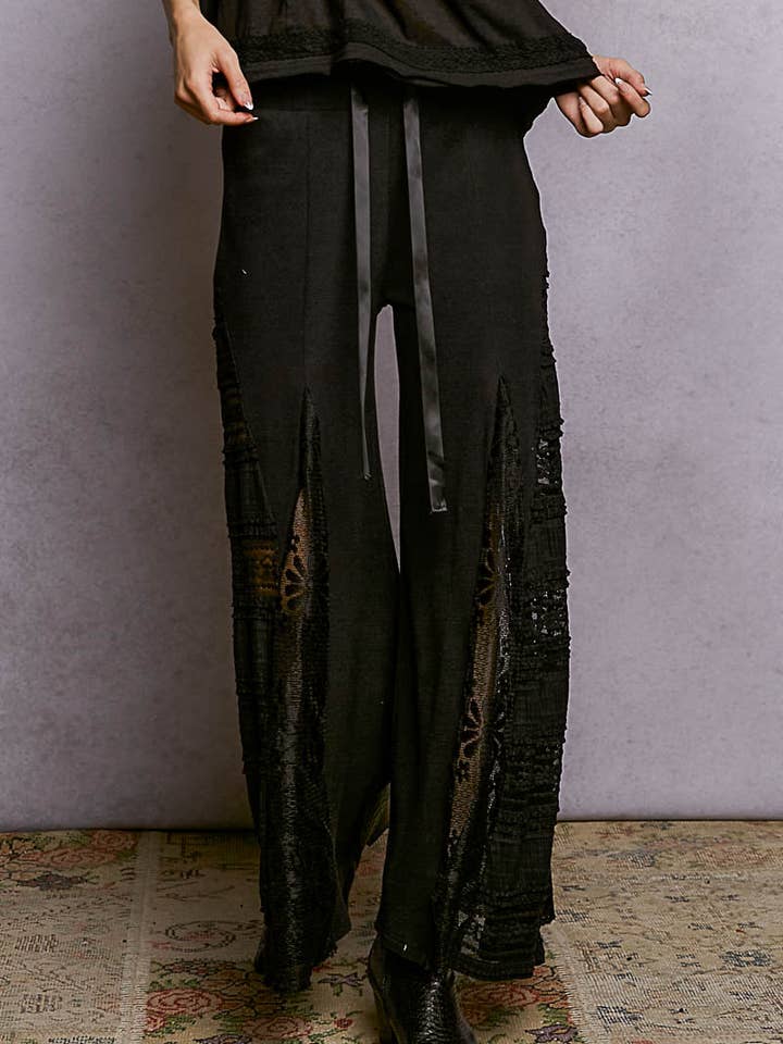 Lace Contrast Elastic Band Satin Strap Solid Wide Pants for wholesale by Pol Clothing