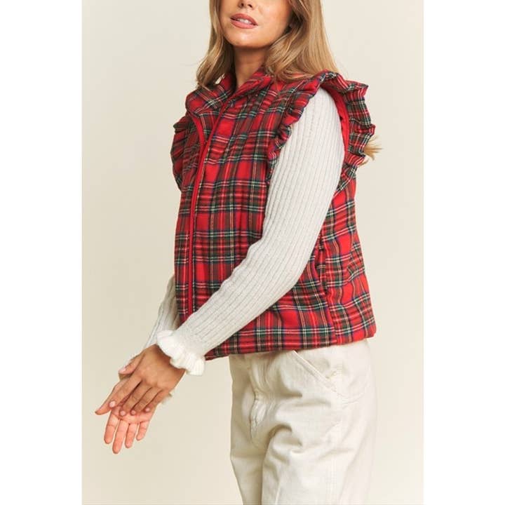 RED 9667 EVERYDAY PLAID PUFF ZIP UP VEST JACKET with ARMHOL for wholesale on Faire4