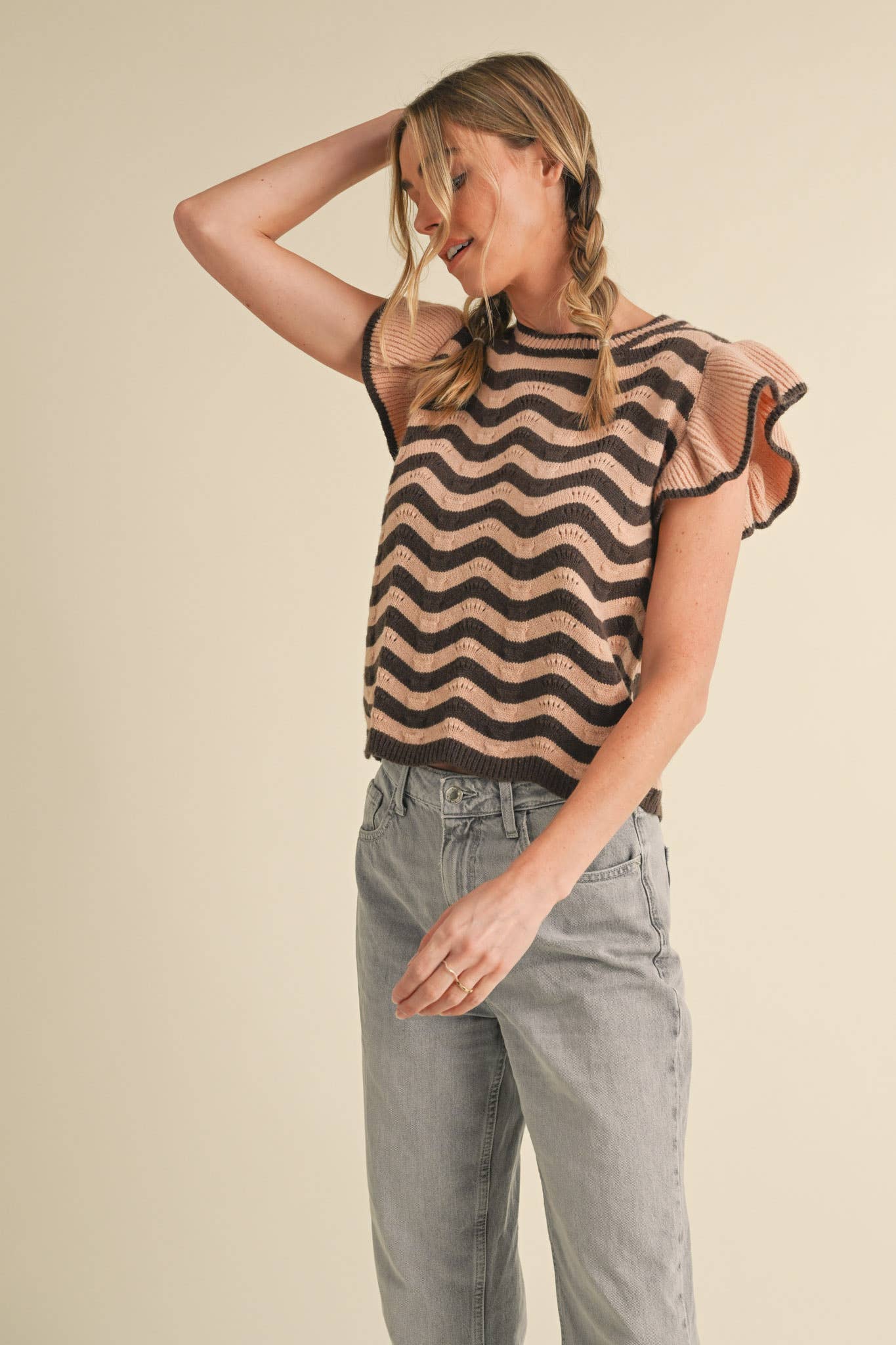 &MERCI - Wholesale Knit Sweater - Women's - WAVY STRIPES FLUTTER SLEEVE SWEATER TOP MSW1050950