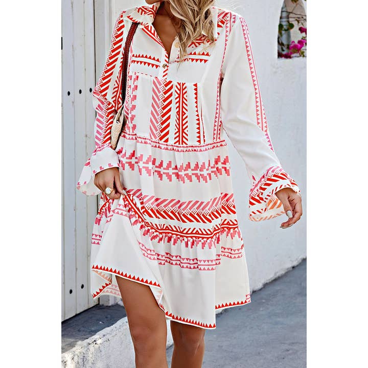 WHITE Allover Print Ruffle Button Trim Loose Dress for wholesale on Faire