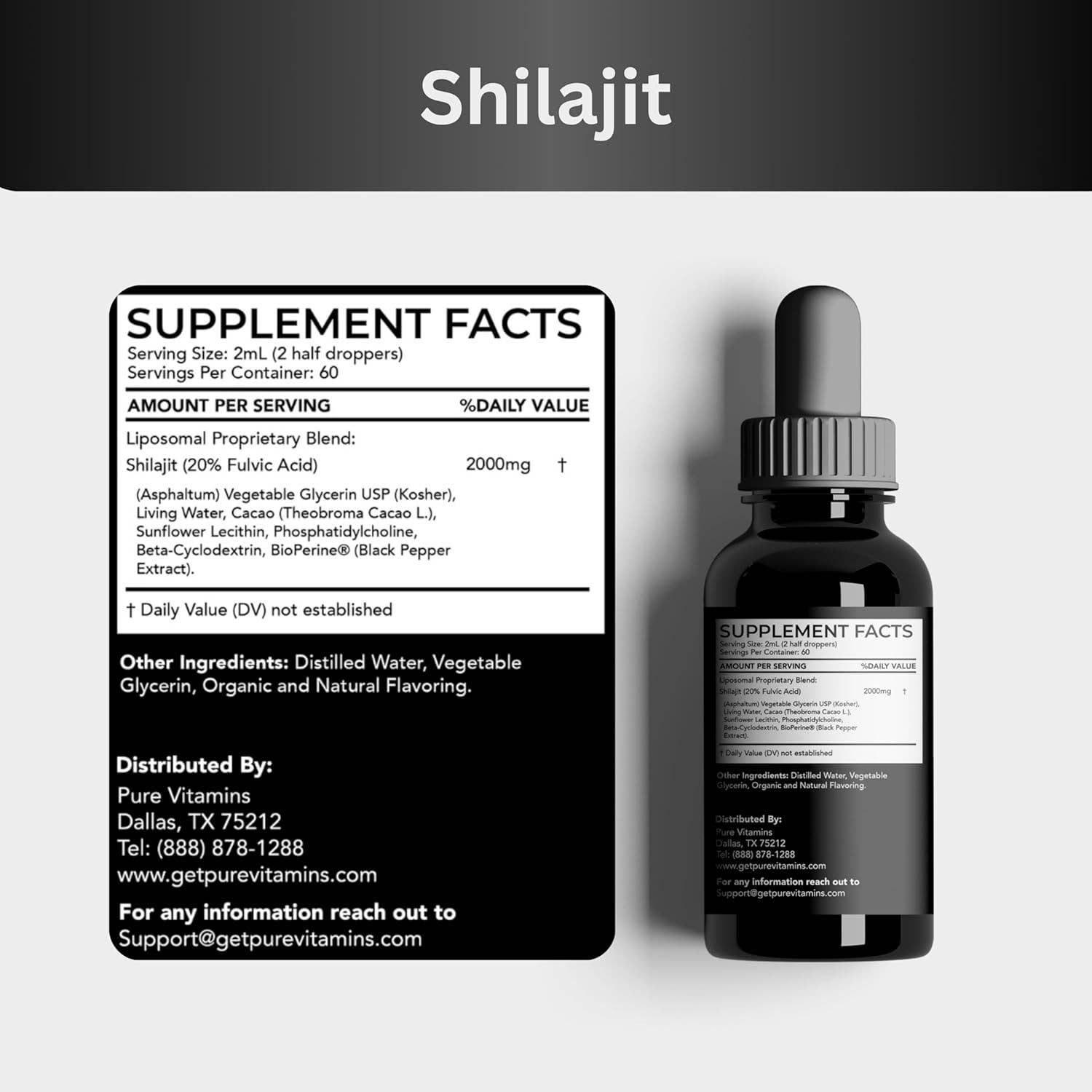 pure Vitamins - Wholesale Oral Supplement/Vitamin - Pure Vitamins Shilajit Liquid Drops 2000mg – 4 fl oz,120ml1